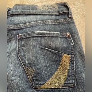 Stylish Blue Flare Jeans with Gold Accents